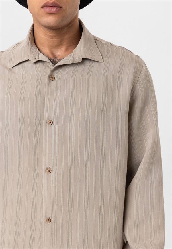 Çizgili Uzun Kol Oversize Gömlek - Bej