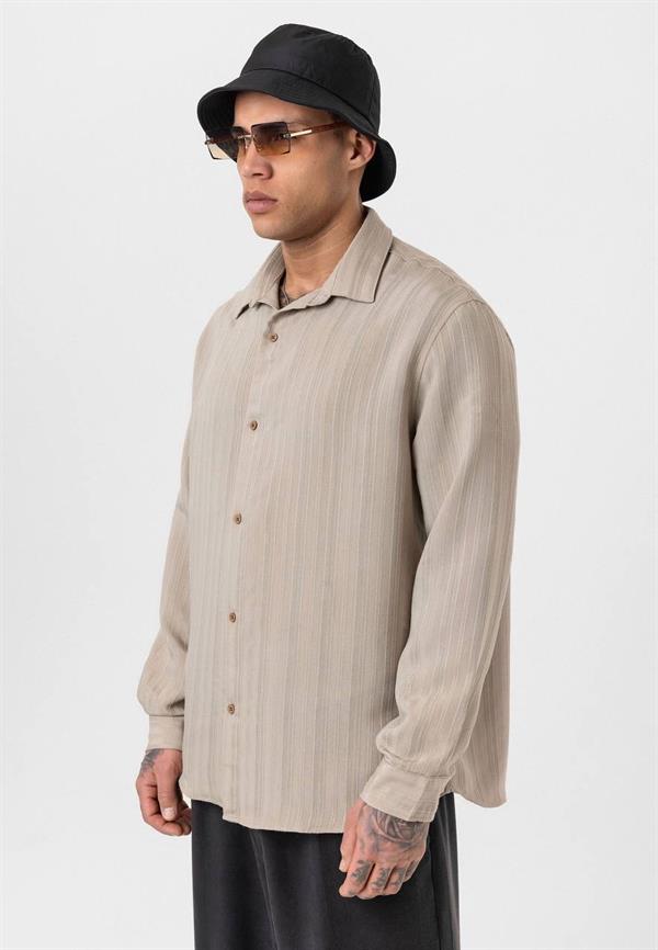Çizgili Uzun Kol Oversize Gömlek - Bej
