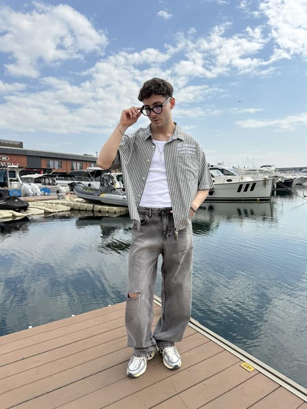 Club Prive Nakış Detay Kısa Kol Gömlek - Gri