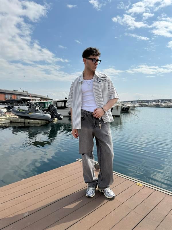 Club Prive Nakış Detay Kısa Kol Gömlek - Beyaz