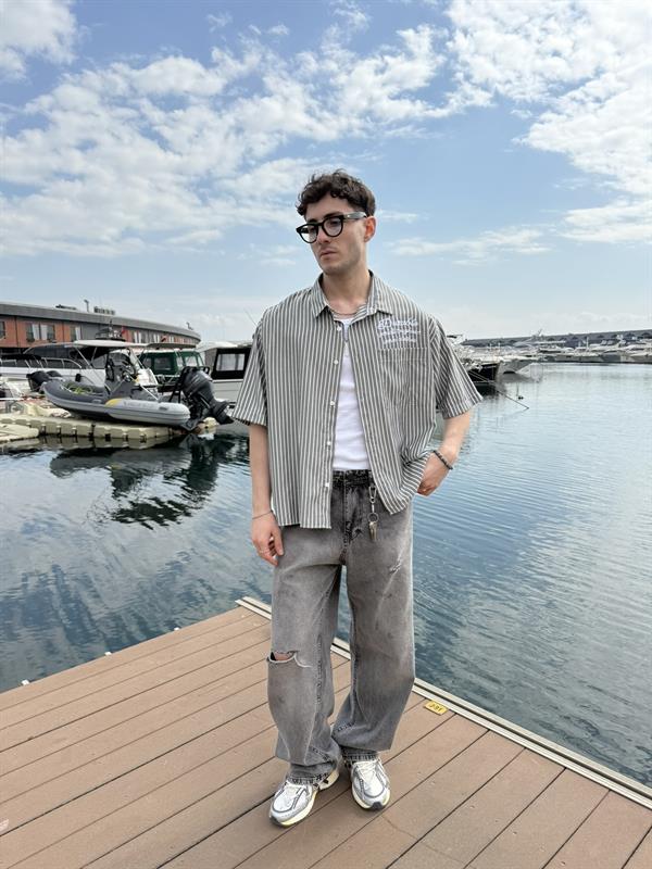 Club Prive Nakış Detay Kısa Kol Gömlek - Gri