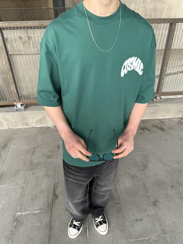 Cosmic Baskılı Oversize T-Shirt - Yeşil