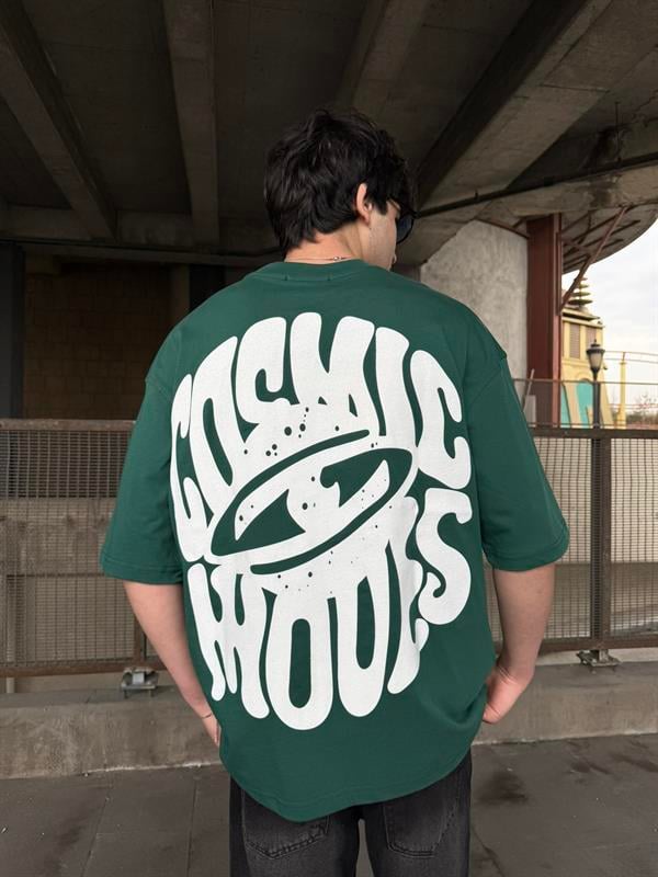 Cosmic Baskılı Oversize T-Shirt - Yeşil