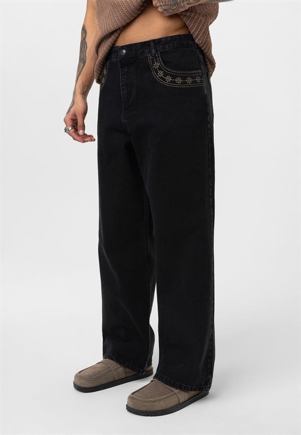 Desenli Basic Baggy Pantolon - Siyah