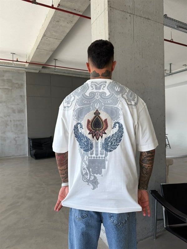 Desenli Premium Barok T-Shirt - Beyaz