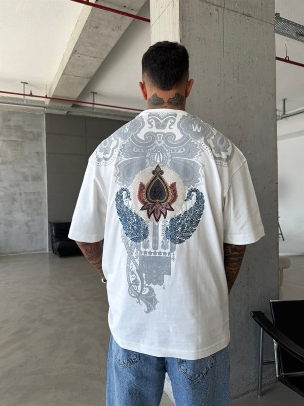 Desenli Premium Barok T-Shirt - Beyaz