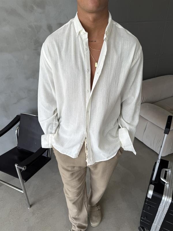 Dokulu Keten Gömlek - Beyaz