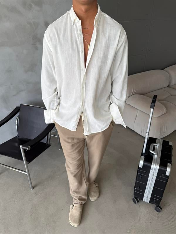 Dokulu Keten Gömlek - Beyaz