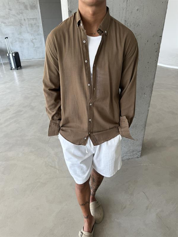 Dokulu Keten Gömlek - Kahve