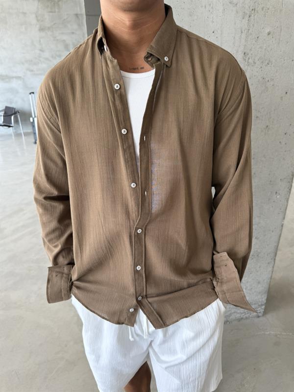 Dokulu Keten Gömlek - Kahve