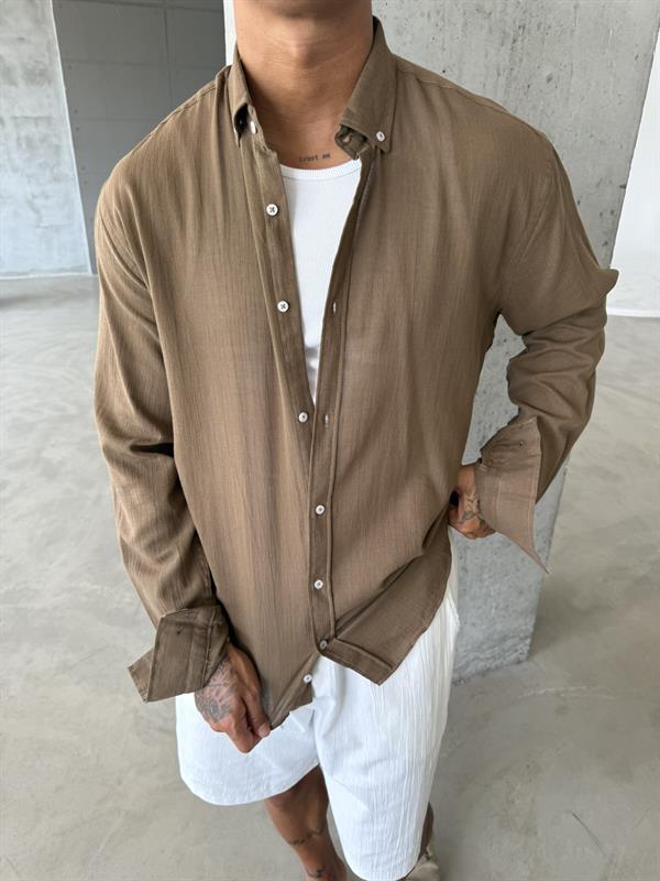 Dokulu Keten Gömlek - Kahve