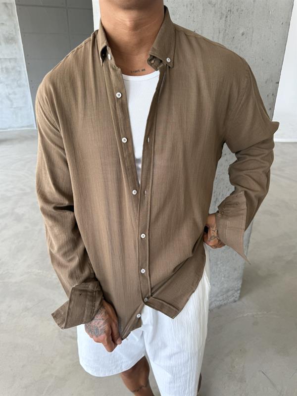 Dokulu Keten Gömlek - Kahve