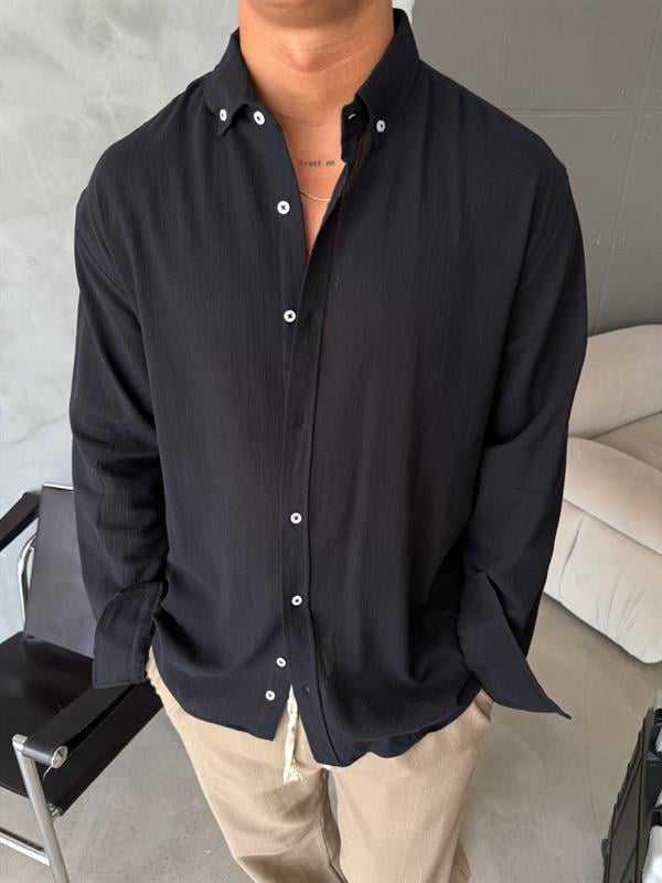 Dokulu Keten Gömlek - Siyah