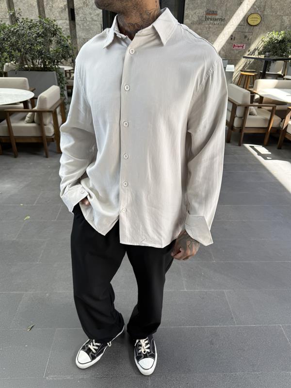 Dokulu Rahat Kumaş Gömlek - Bej