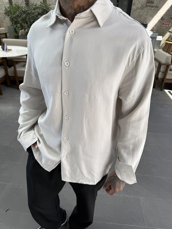 Dokulu Rahat Kumaş Gömlek - Bej