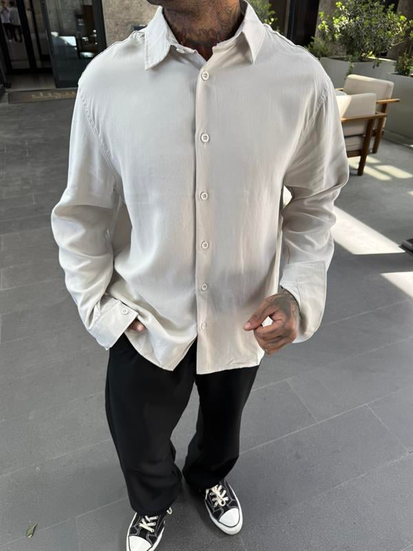 Dokulu Rahat Kumaş Gömlek - Bej