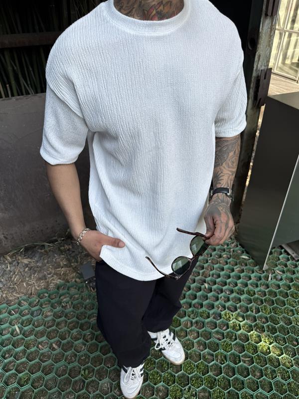 Dokulu T Kumaş Fit T-Shirt - Beyaz