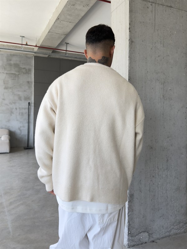 Düğmeli Basic Triko Hıkra - Bej