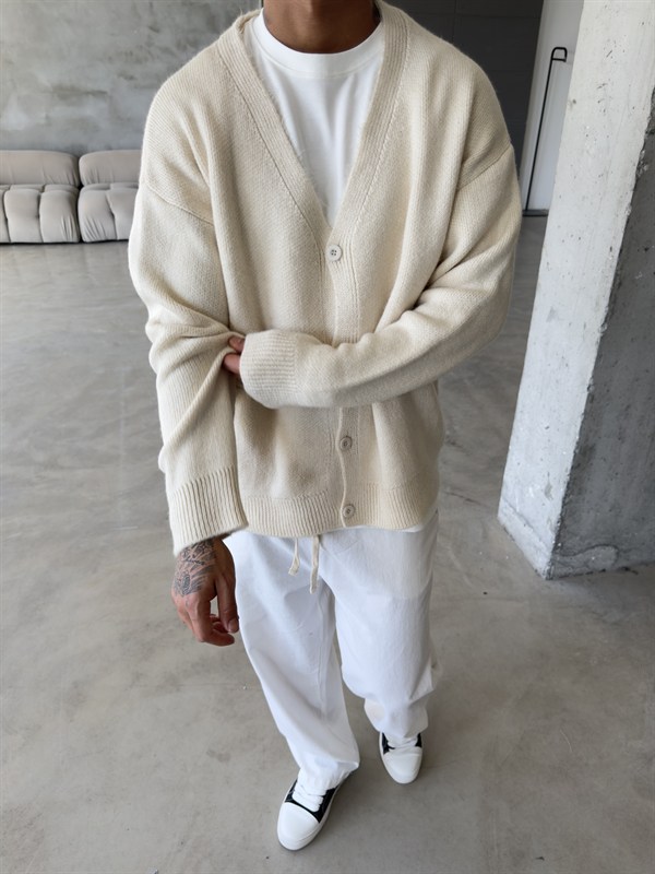 Düğmeli Basic Triko Hıkra - Bej