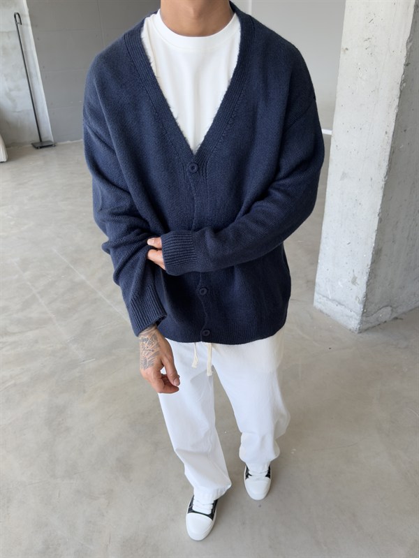 Düğmeli Basic Triko Hıkra - Lacivert