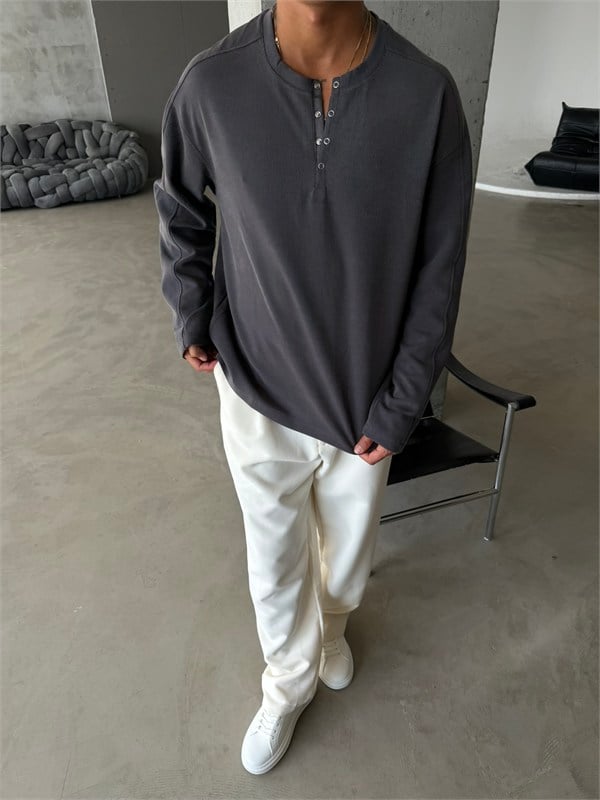 Düğmeli Henly Yaka Premium Sweat