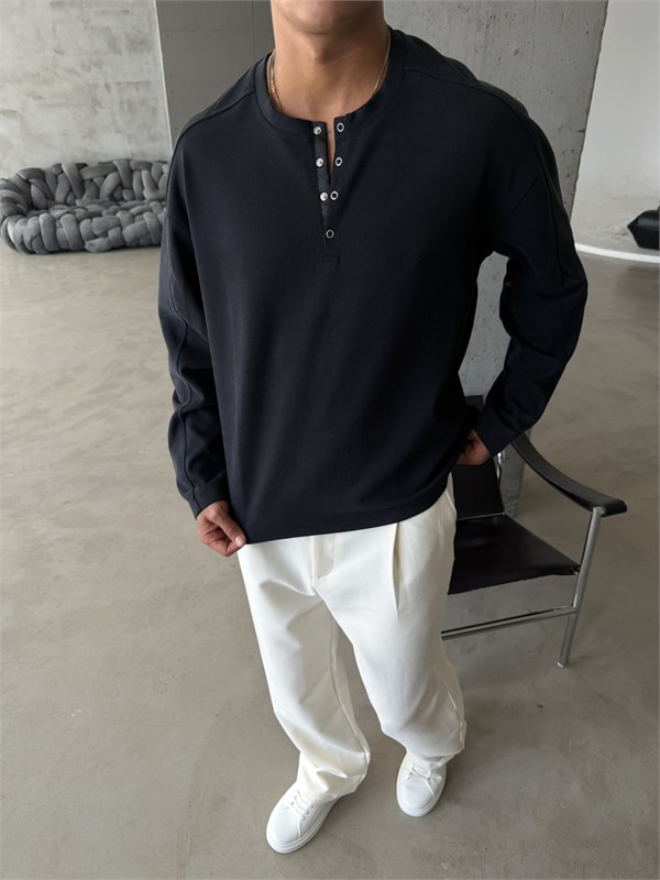 Düğmeli Henly Yaka Premium Sweat