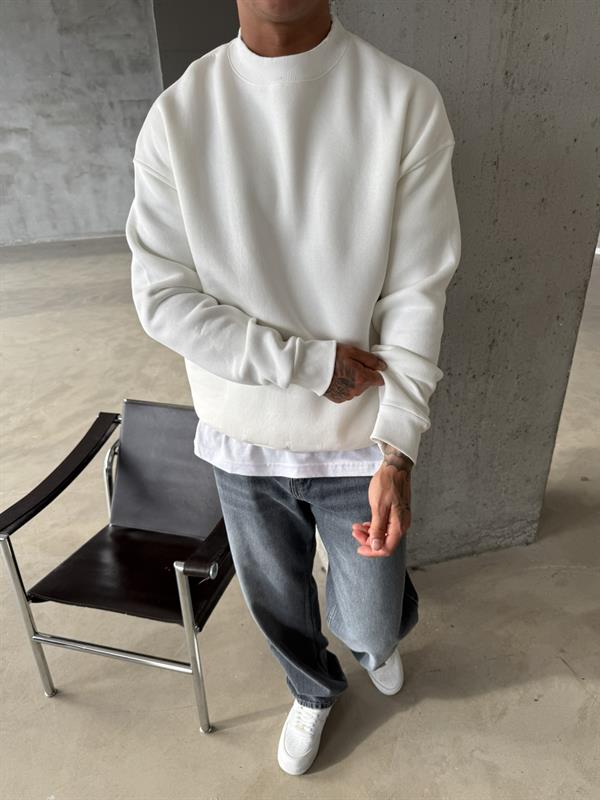 Düz Basic Bisiklet Yaka Sweat - Beyaz
