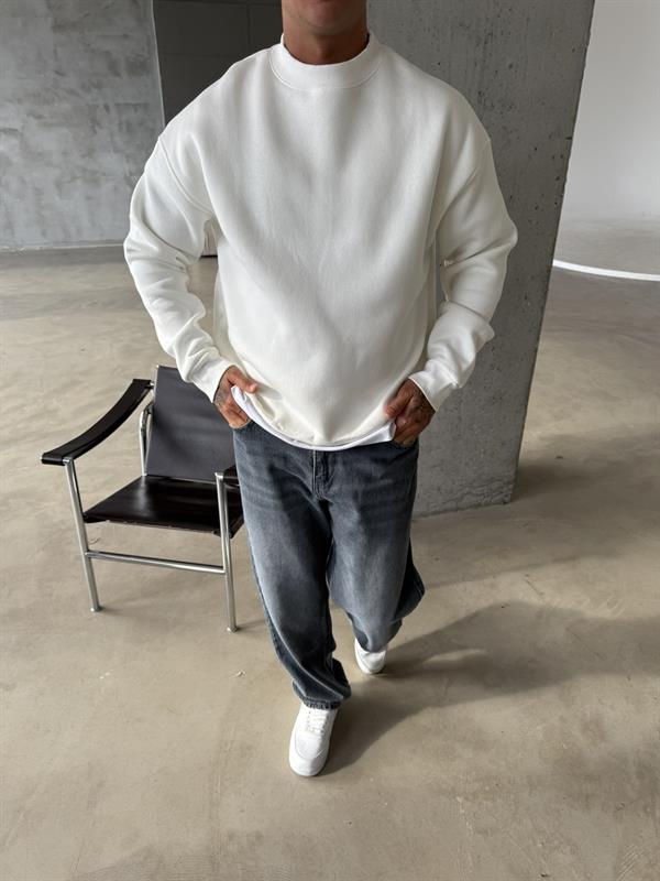 Düz Basic Bisiklet Yaka Sweat - Beyaz