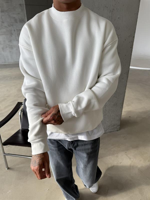 Düz Basic Bisiklet Yaka Sweat - Beyaz