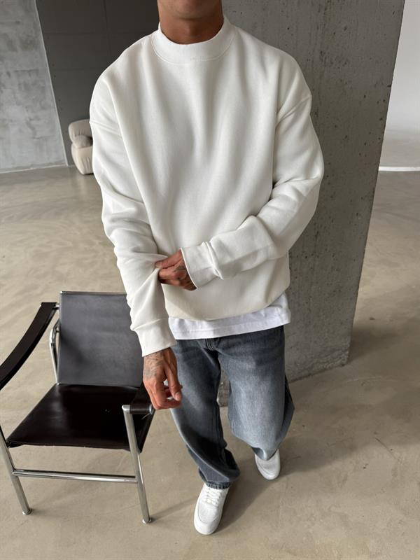 Düz Basic Bisiklet Yaka Sweat - Beyaz
