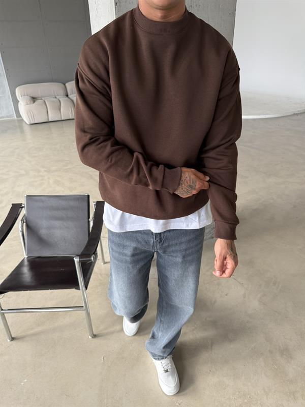 Düz Basic Bisiklet Yaka Sweat - Kahve