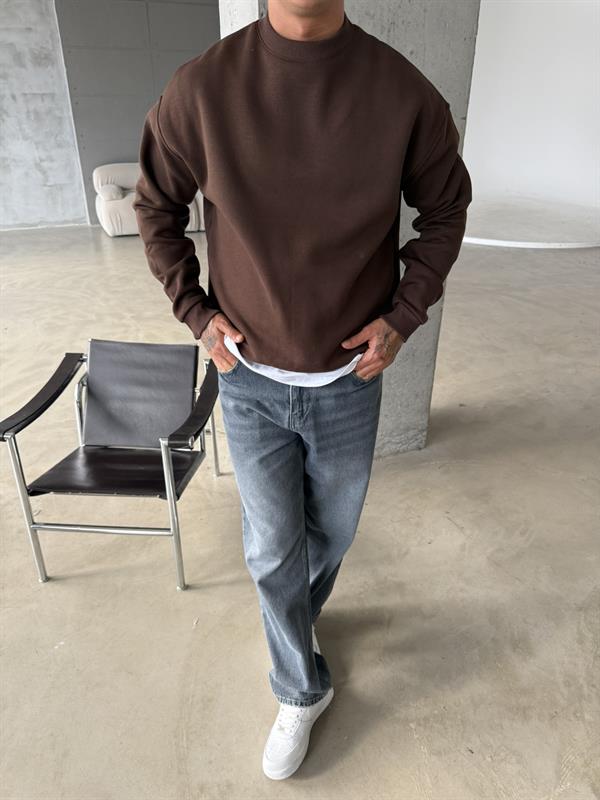 Düz Basic Bisiklet Yaka Sweat - Kahve
