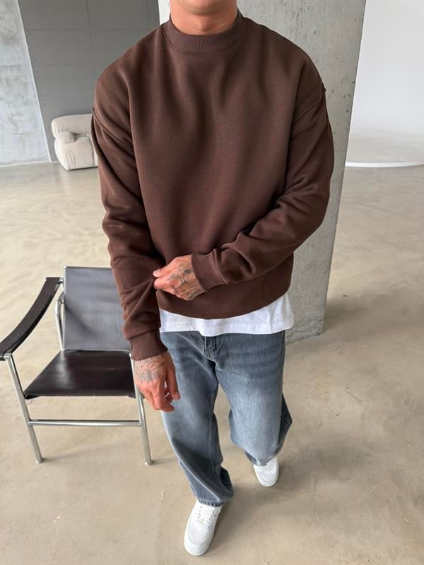 Düz Basic Bisiklet Yaka Sweat - Kahve