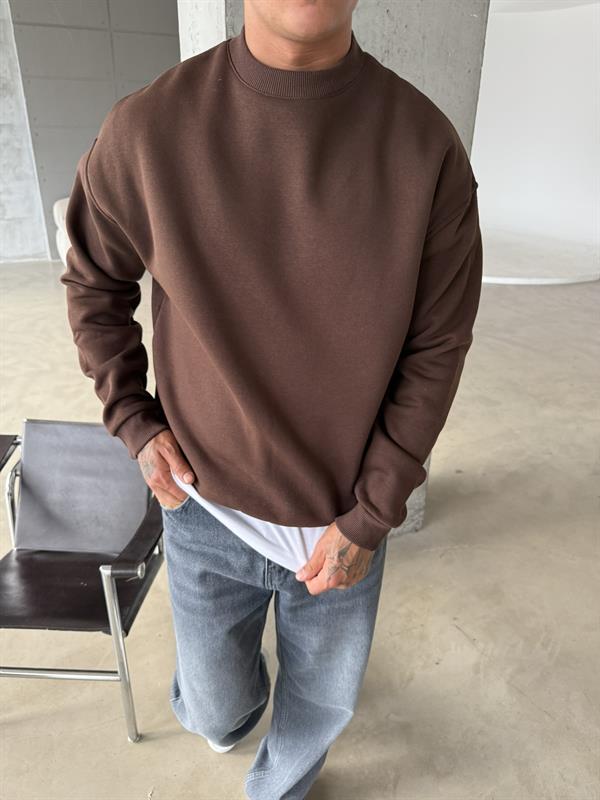 Düz Basic Bisiklet Yaka Sweat - Kahve