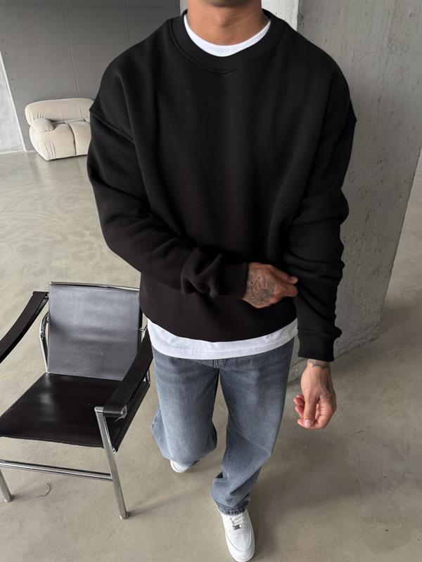 Düz Basic Bisiklet Yaka Sweat - Siyah