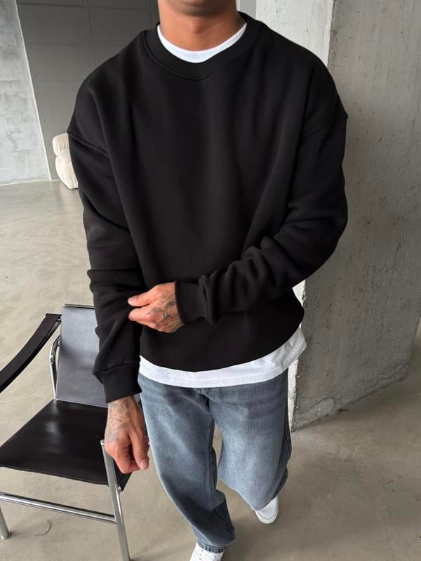 Düz Basic Bisiklet Yaka Sweat - Siyah