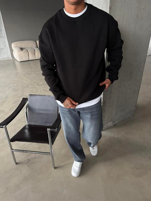 Düz Basic Bisiklet Yaka Sweat - Siyah