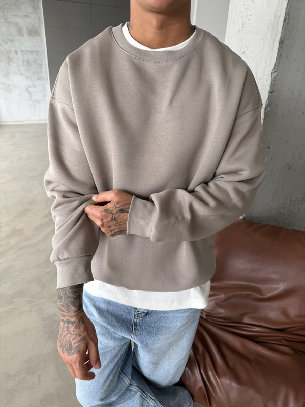 Düz Basic Bisiklet Yaka Sweat - Taş