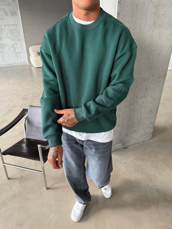 Düz Basic Bisiklet Yaka Sweat - Yeşil