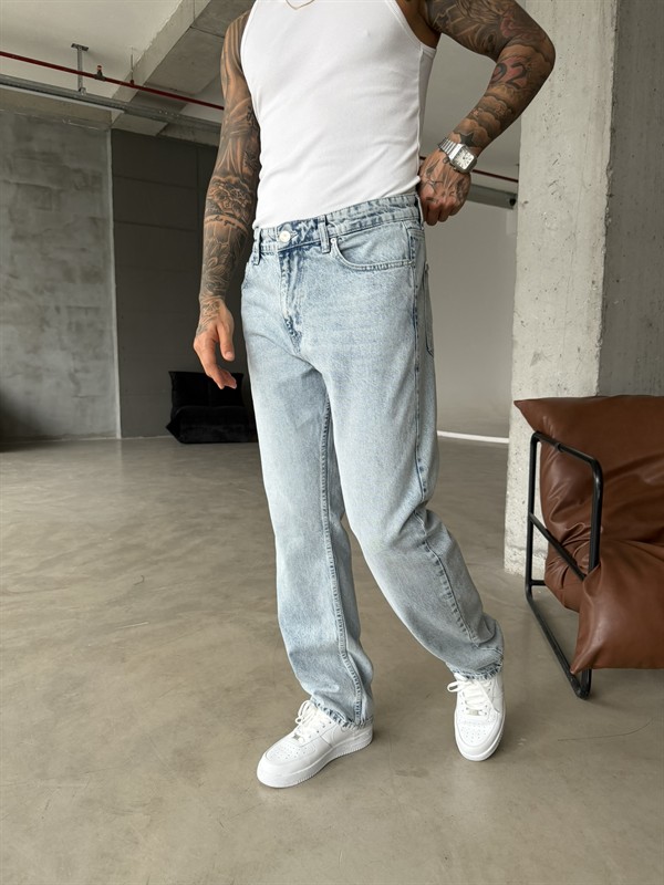 Düz Basic Detaylı Baggy Fit Pantolon - Buz Mavi