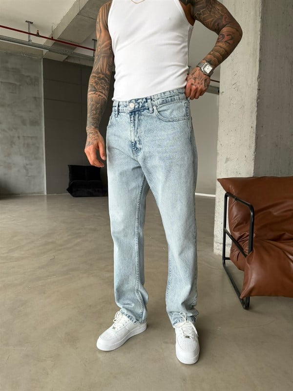 Düz Basic Detaylı Baggy Fit Pantolon - Buz Mavi