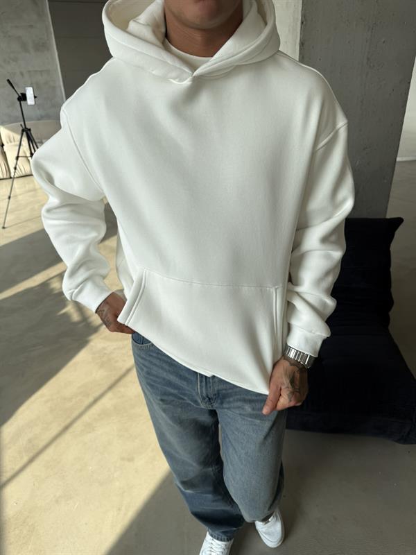 Düz Basic Kapuşonlu Sweatshirt - Beyaz