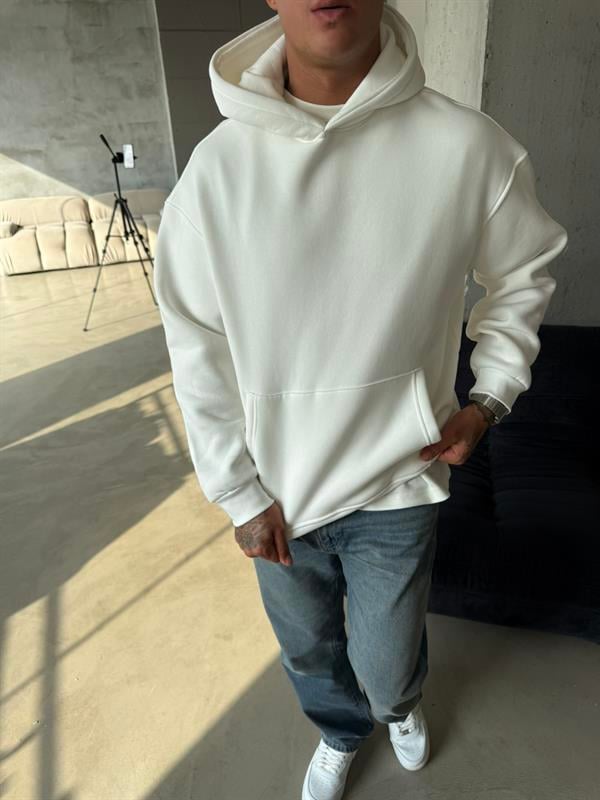 Düz Basic Kapuşonlu Sweatshirt - Beyaz