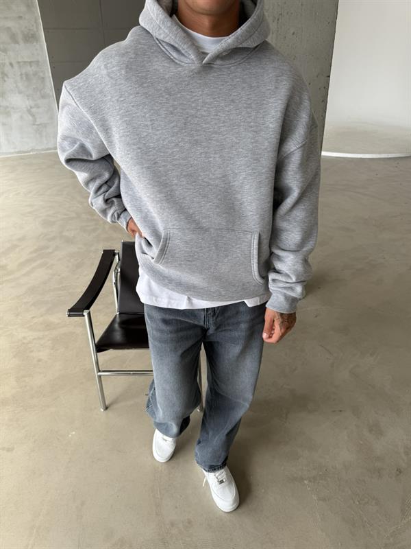 Düz Basic Kapüşonlu Sweatshirt - Gri