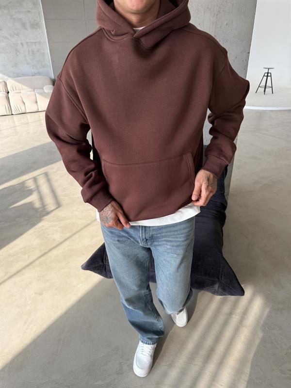 Düz Basic Kapuşonlu Sweatshirt - Kahve