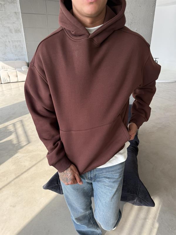 Düz Basic Kapuşonlu Sweatshirt - Kahve
