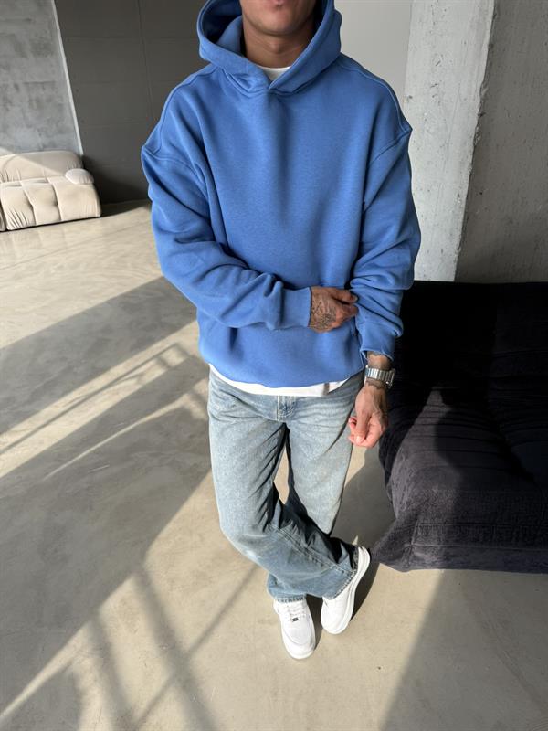 Düz Basic Kapuşonlu Sweatshirt - Mavi