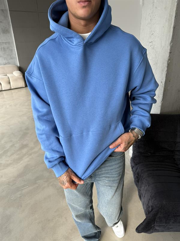 Düz Basic Kapuşonlu Sweatshirt - Mavi