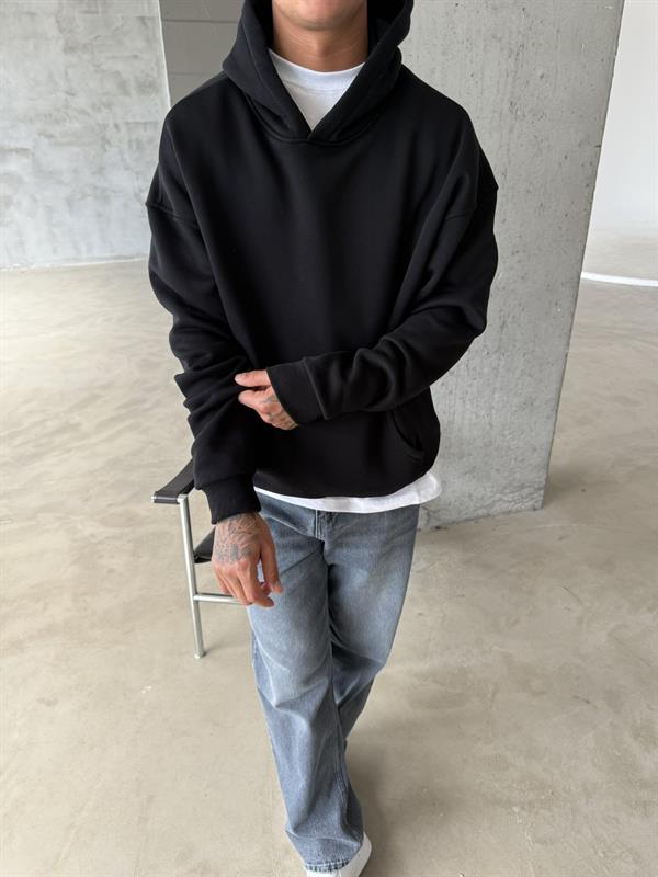 Düz Basic Kapüşonlu Sweatshirt - Siyah