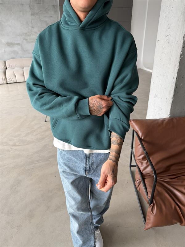 Düz Basic Kapüşonlu Sweatshirt - Yeşil